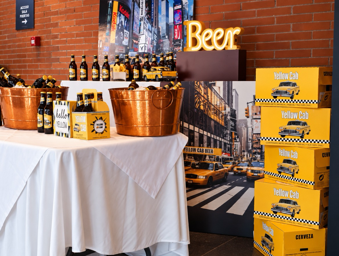 Stand de cerveza Yellow Cab con cajas y cubos de botellas